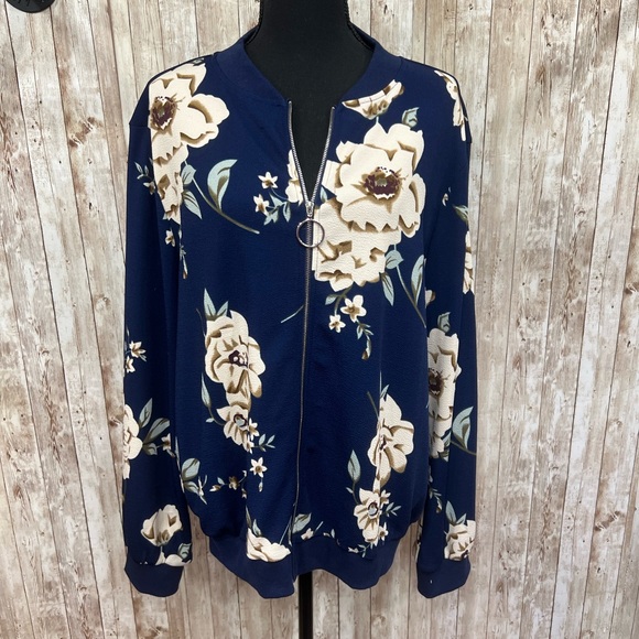 SHEIN Jackets & Blazers - SHEIN Blue and Cream Bomber Jacket with Floral Design